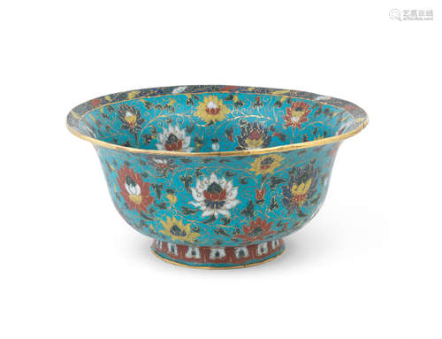 16th century  A large and rare cloisonné enamel 'lotus and fish' bowl