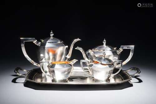 A CHINESE SILVER ART DECO TEA SERVICE ON TRAY, REPUBLIC, 1ST HALF 20TH C.