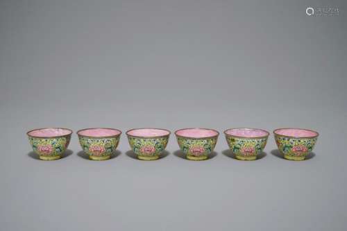 SIX CHINESE CANTON ENAMEL YELLOW-GROUND TEA BOWLS, 18/19TH C.