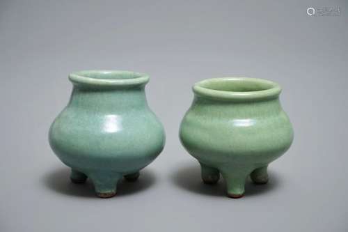 TWO CHINESE MONOCHROME CELADON TRIPOD INCENSE BURNERS, 19/20TH C.