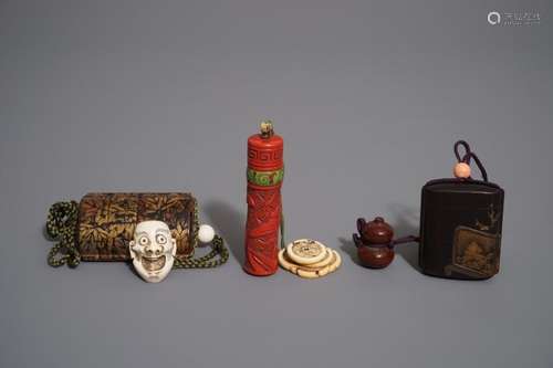 THREE JAPANESE MAKI-E AND RED LACQUER INRO WITH OJIME AND NETSUKE, MEIJI, 19/20TH C.