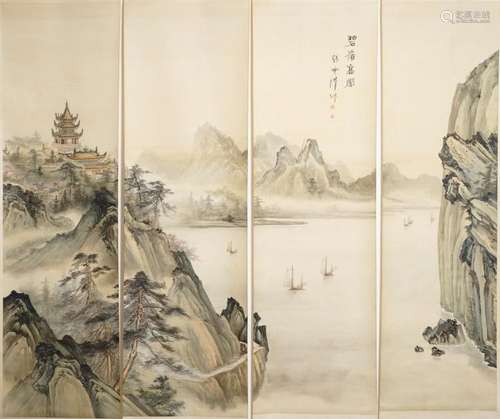 FOUR CHINESE SCROLL PAINTINGS FORMING A LARGE LANDSCAPE, 20TH C.