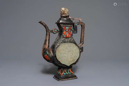 A SILVER-PLATED CORAL, JADE AND TURQUOISE INLAID EWER AND COVER, TIBET OR MONGOLIA, 19/20TH C.