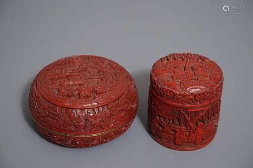 TWO CHINESE CINNABAR LACQUER COVERED BOXES, ONE WITH QIANLONG MARK, 19/20TH C.