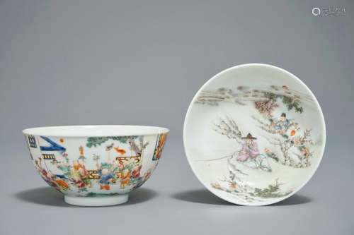 A CHINESE FAMILLE ROSE BOWL, JIAQING MARK, AND A FAMILLE ROSE SAUCER, 19/20TH C.