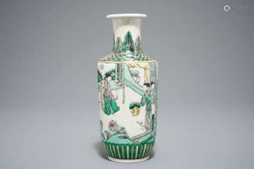 A CHINESE VERTE BISCUIT ROULEAU VASE, KANGXI OR LATER