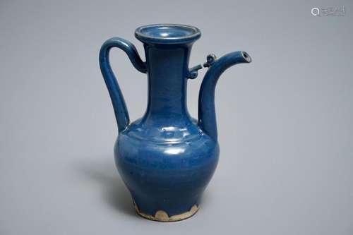 A CHINESE MONOCHROME BLUE EWER, 19TH C.