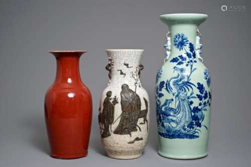 THREE CHINESE OXBLOOD-GLAZED, CRACKLED AND CELADON-GROUND VASES, 19TH C.