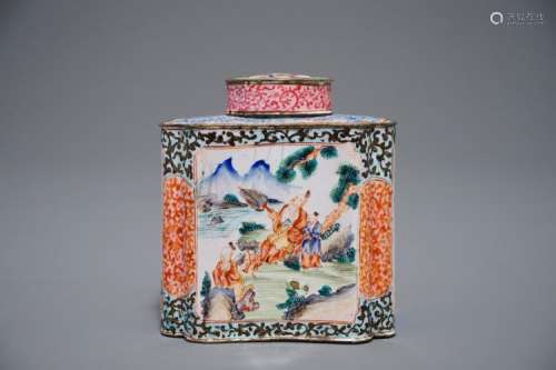 A CHINESE CANTON ENAMEL TEA CADDY AND COVER, QING