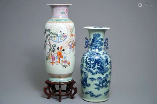 A CHINESE FAMILLE ROSE VASE, REPUBLIC, AND A BLUE AND WHITE CELADON-GROUND VASE, 19TH C.