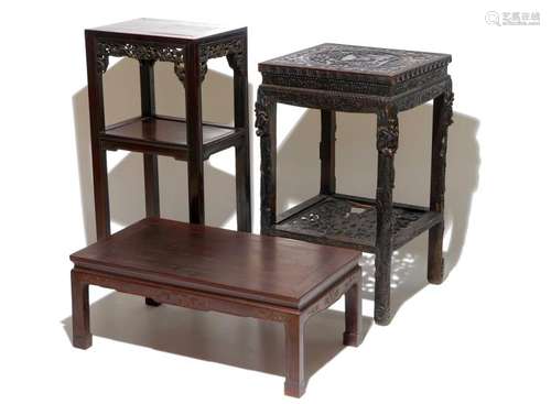 TWO CHINESE CARVED WOOD STANDS AND A LOW TABLE, 19TH C.