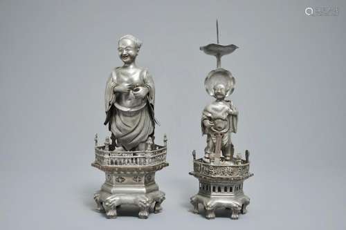 A CHINESE PEWTER CANDLESTICK AND A FIGURE OF A BOY, 19/20TH C.