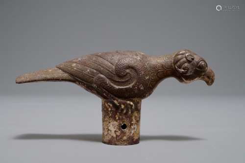 A CHINESE BRONZE CANE HANDLE IN THE SHAPE OF A MYTHOLOGICAL BIRD, HAN OR LATER