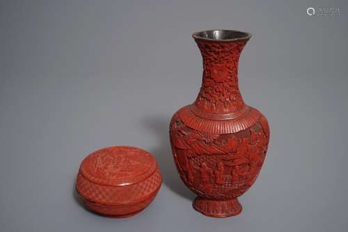 A CHINESE CINNABAR LACQUER VASE AND A ROUND BOX AND COVER, 19/20TH C.