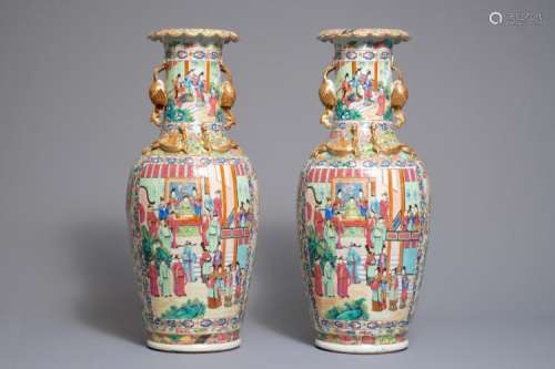 A PAIR OF RARE CHINESE CANTON FAMILLE ROSE VASES WITH PHOENIX-SHAPED HANDLES, 19TH C.