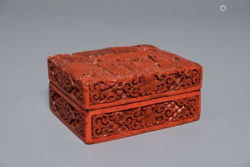 A RECTANGULAR CHINESE CINNABAR LACQUER BOX AND COVER WITH FIGURES IN A LANDSCAPE, 18/19TH C.