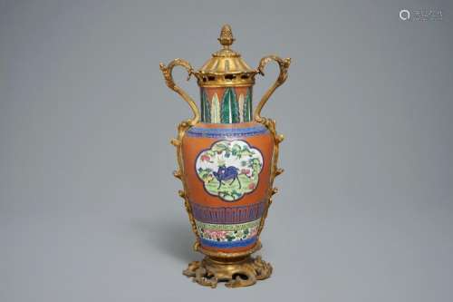 A CHINESE GILT BRONZE-MOUNTED ENAMELLED YIXING VASE, 19TH C.