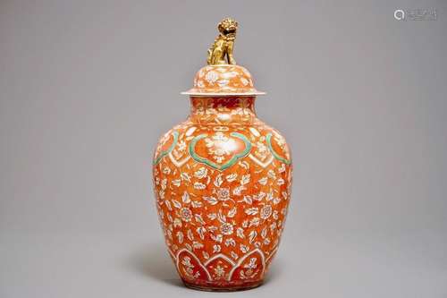 A LARGE CORAL-GROUND VASE AND COVER WITH FLORAL DESIGN, SAMSON, PARIS, 19TH C.