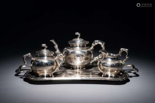 A CHINESE SILVER TEA SERVICE ON TRAY, REPUBLIC, 1ST HALF 20TH C.