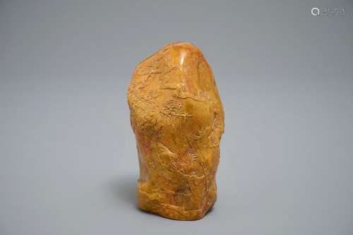 A CHINESE CARVED SHOUSHAN SOAPSTONE BOULDER WITH LANDSCAPE DESIGN, 19/20TH C.