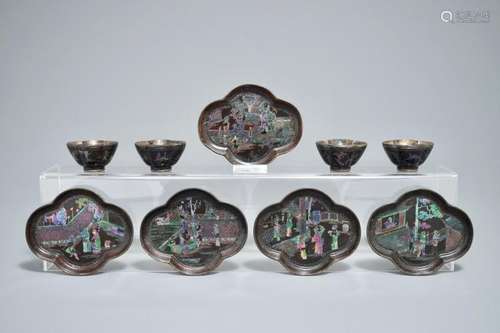 FIVE CHINESE QUATREFOIL SILVER AND LAC BURGAUTE SAUCERS AND FOUR CUPS, 17/18TH C.