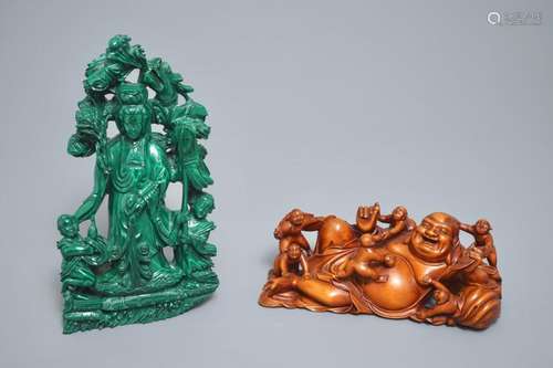 TWO CARVED MALACHITE AND WOOD GROUPS WITH BUDDHA AND GUANYIN WITH CHILDREN, 19TH C.