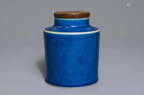 A CHINESE MONOCHROME BLUE TEA CADDY WITH UNDERGLAZE DESIGN, KANGXI