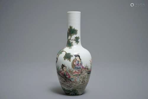 A CHINESE FAMILLE ROSE VASE WITH SHEPHERDESSES AND THEIR SHEEP, QIANLONG MARK, 20TH C.