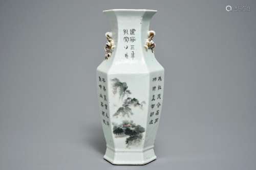 A CHINESE HEXAGONAL QIANJIANG CAI VASE WITH LANDSCAPE DESIGN, 19/20TH C.