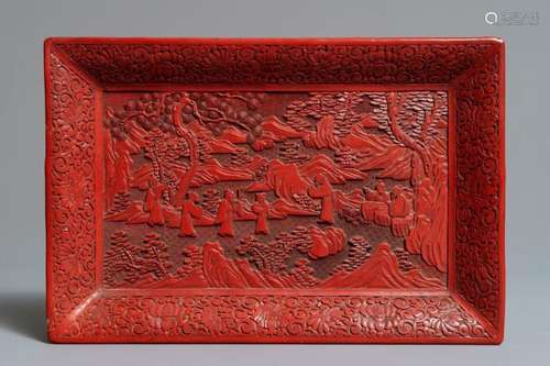 A RECTANGULAR CHINESE CINNABAR LACQUER TRAY WITH FIGURES IN A LANDSCAPE, 18/19TH C.