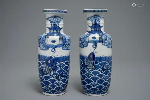 A PAIR OF CHINESE BLUE AND WHITE ROULEAU VASES WITH CARPS, KANGXI MARK, 19TH C.