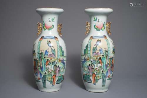 A PAIR OF CHINESE FAMILLE ROSE DOUBLE DESIGN VASES, 19/20TH C.