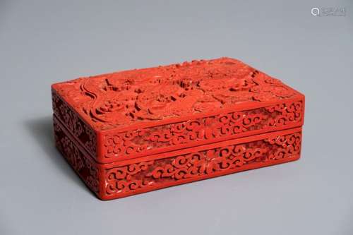 A RECTANGULAR CHINESE CINNABAR LACQUER BOX AND COVER WITH DRAGONS, 19TH C.