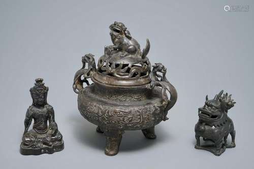 TWO CHINESE BRONZE INCENSE BURNERS AND A FIGURE OF BUDDHA SHAKYAMUNI, MING AND LATER