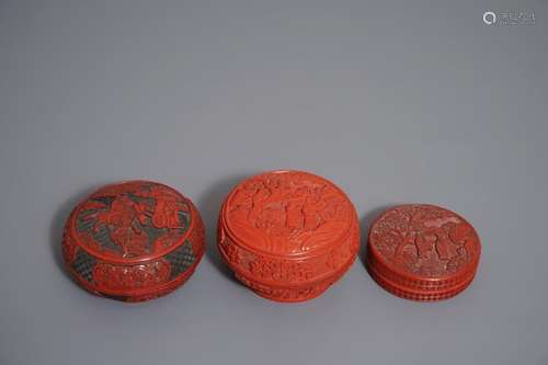 THREE ROUND CHINESE CINNABAR LACQUER COVERED BOXES WITH FIGURES IN LANDSCAPES, 19/20TH C.