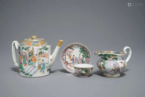 A CHINESE FAMILLE VERTE TEAPOT AND MILK JUG, 19TH C., AND A FAMILLE ROSE CUP AND SAUCER, QIANLONG