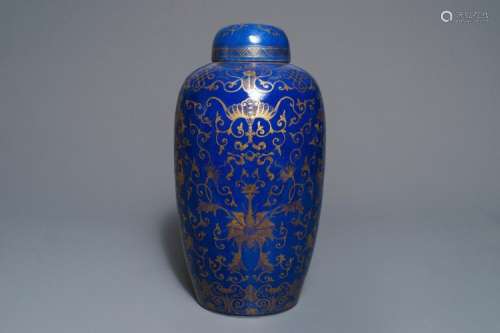 A LARGE CHINESE GILT-DECORATED BLUE-GROUND JAR AND COVER, 19TH C.