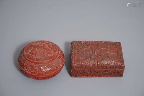 TWO CHINESE CINNABAR LACQUER BOXES WITH DRAGONS AND FIGURES IN A LANDSCAPE, 19/20TH C.