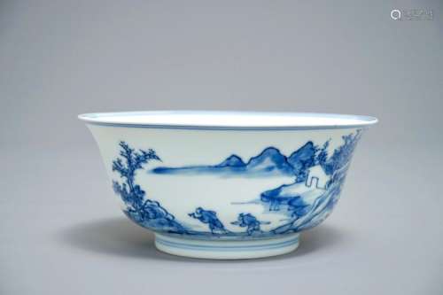 A CHINESE BLUE AND WHITE BOWL WITH A FINE LANDSCAPE, YONGZHENG MARK AND OF THE PERIOD