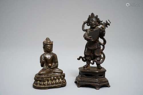 TWO CHINESE AND SINO-TIBETAN BRONZE FIGURES OF BUDDHA AND OF A MUSICIAN, 17/18TH C.