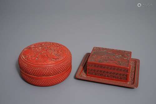 TWO CHINESE CINNABAR LACQUER BOXES AND COVERS, 19/20TH C.