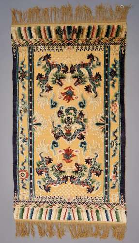 A CHINESE SILK AND GILT-THREAD 'FIVE DRAGON' CARPET WITH INSCRIPTION, 19TH C.