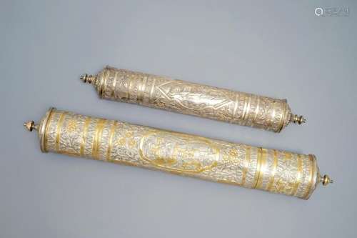 TWO TUBULAR PARCEL-GILT SILVER INCENSE CONTAINERS, TIBET OR NEPAL, 19TH C.