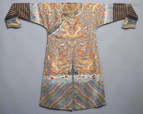 A CHINESE IMPERIAL BROWN-GROUND KESI EIGHT-DRAGON ROBE, PROBABLY JIAQING, 1ST HALF 19TH C.