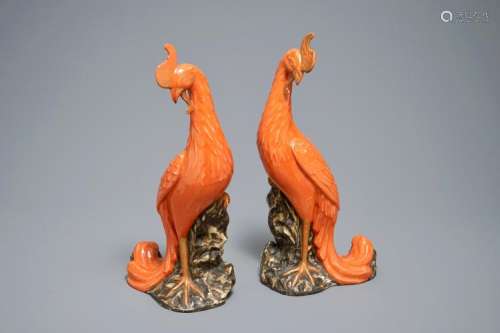 A PAIR OF CHINESE CORAL-GROUND MODELS OF PHOENIXES, 19/20TH C.