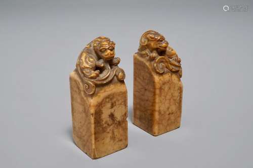 TWO CHINESE SHOUSHAN STONE SEALS WITH BUDDHIST LIONS, 19/20TH C.