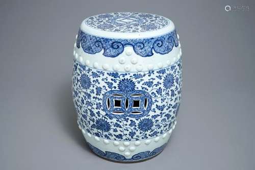 A CHINESE BLUE AND WHITE 'LOTUS SCROLL' GARDEN SEAT, QIANLONG