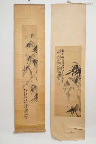 TWO CHINESE PAPER SCROLL PAINTINGS OF BAMBOO BRANCHES, 19TH C.