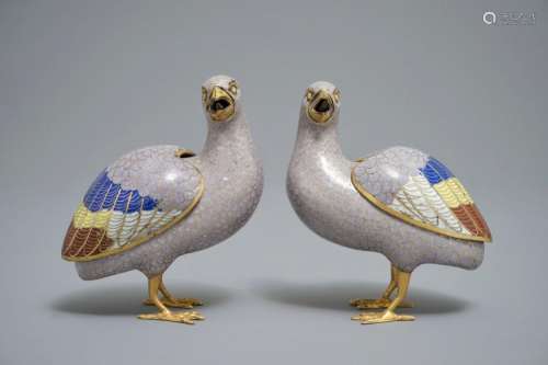 A PAIR OF CHINESE CLOISONNÉ ENAMEL QUAIL CENSERS AND COVERS, 18TH C.