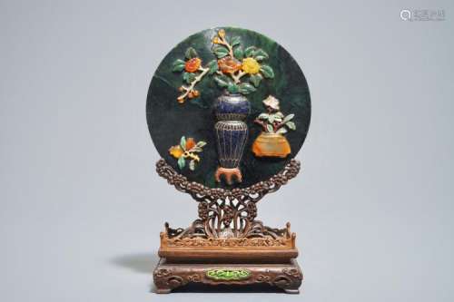 A CHINESE SPINACH JADE AND HARDSTONE INLAID SCREEN ON WOODEN STAND, 20TH C.